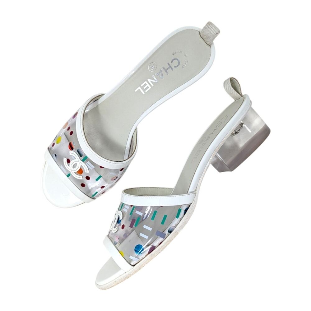Chanel 2019 Multicolor Patent Clear PVC CC Logo Mule Slide Sandal Heel 39.5 | 9